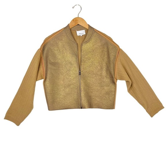 3.1 Phillip Lim Gold Full Zip Crop Jacket with Wool Blend Sweater Sleeves-Small - Picture 1 of 8